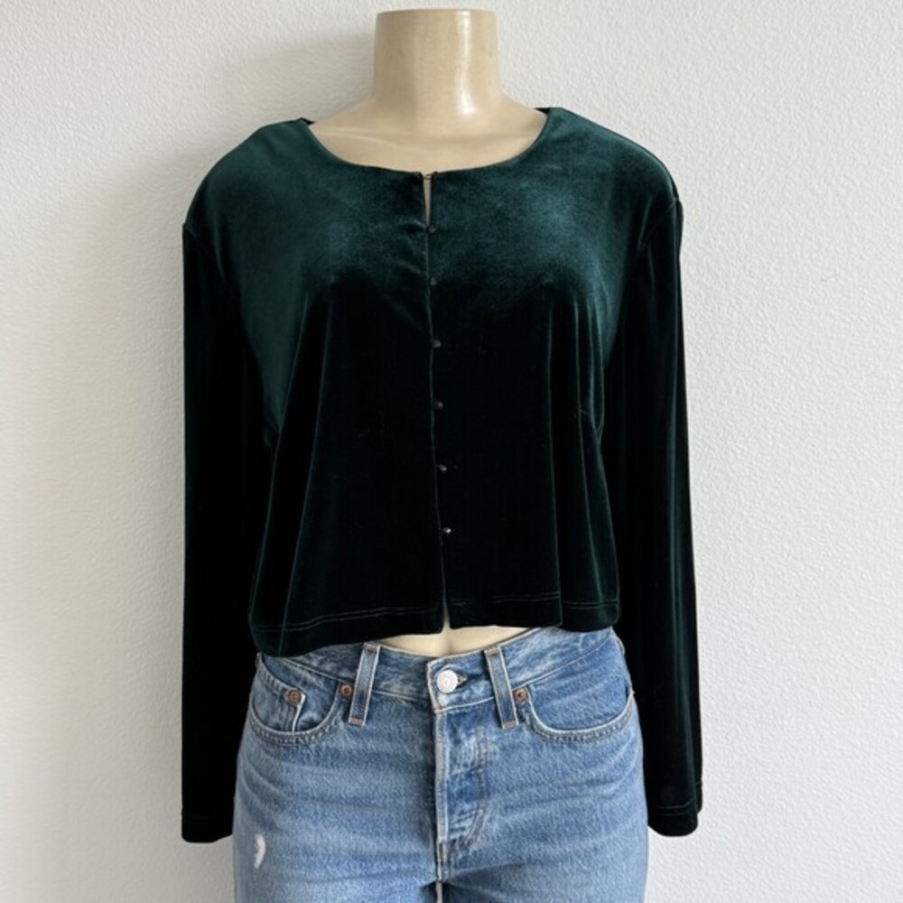 Vintage 90s Dark Academiaโ Rampage Emerald Velvet Cropped Cardigan Sweater 12